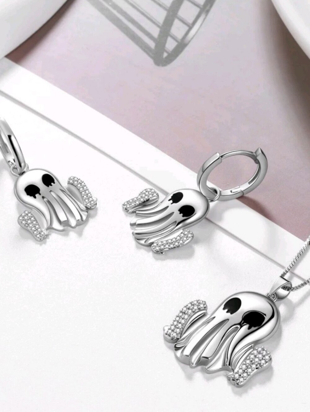 Silver Ghost Pendant and Earrings Jewelry Set - Women